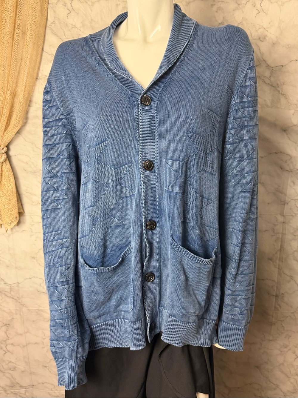 Southwestern Lucky Brand Washed Blue Aztec 100% Cotton Cardigan Ranchwear L